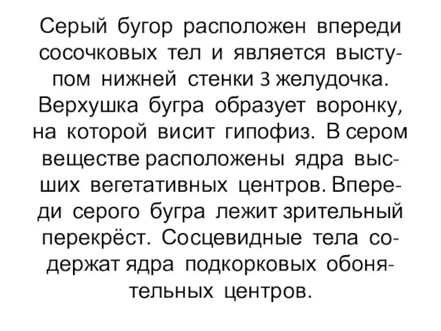 Серый бугор расположен впереди сосочковых тел и является высту- пом нижней стенки 3