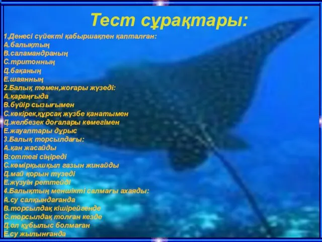 1.Денесі сүйекті қабыршақпен қапталған: А.балықтың В.саламандраның С.тритонның Д.бақаның Е.шаянның 2.Балық