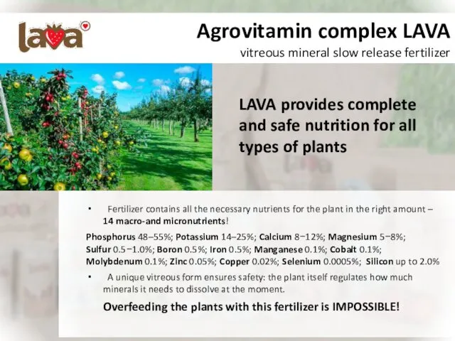 Agrovitamin complex LAVA vitreous mineral slow release fertilizer Fertilizer contains