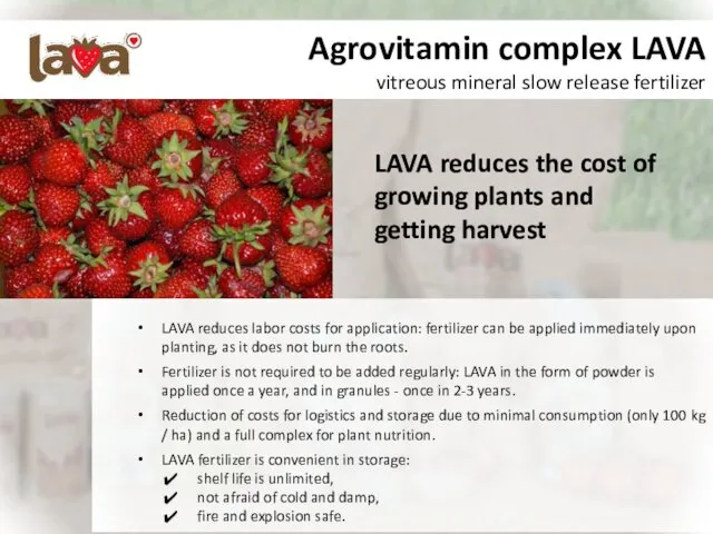 Agrovitamin complex LAVA vitreous mineral slow release fertilizer LAVA reduces labor costs for