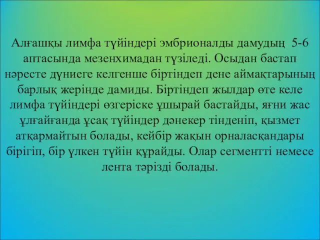 Алғашқы лимфа түйіндері эмбрионалды дамудың 5-6 аптасында мезенхимадан түзіледі. Осыдан