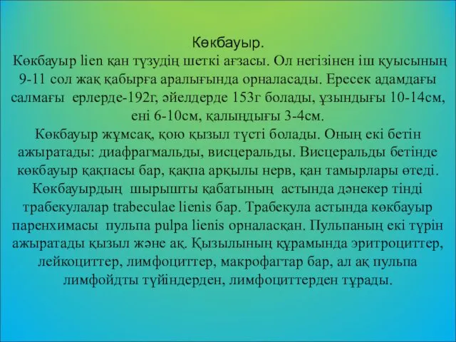 Көкбауыр. Көкбауыр lien қан түзудің шеткі ағзасы. Ол негізінен іш