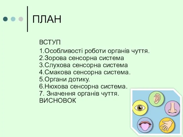 ПЛАН ВСТУП 1.Особливості роботи органів чуття. 2.Зорова сенсорна система 3.Слухова