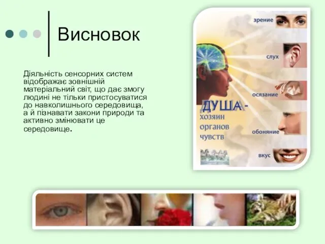 Висновок Діяльність сенсорних систем відображає зовнішній матеріальний світ, що дає