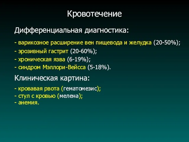 Кровотечение Дифференциальная диагностика: - варикозное расширение вен пищевода и желудка