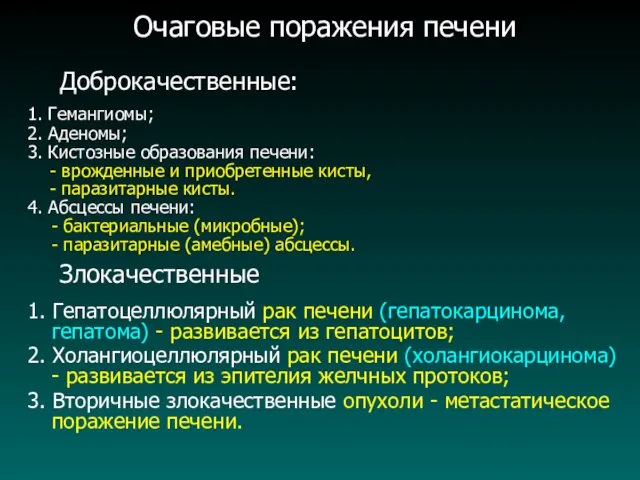 Очаговые поражения печени Доброкачественные: 1. Гемангиомы; 2. Аденомы; 3. Кистозные