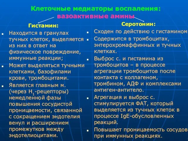 Клеточные медиаторы воспаления: вазоактивные амины Гистамин: Находится в гранулах тучных