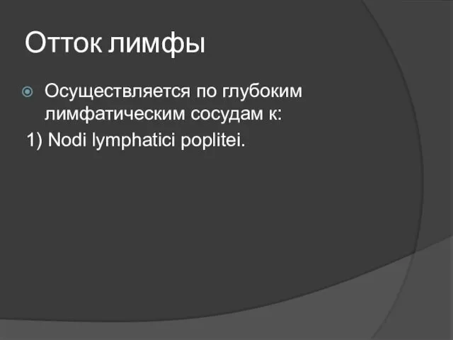 Отток лимфы Осуществляется по глубоким лимфатическим сосудам к: 1) Nodi lymphatici poplitei.