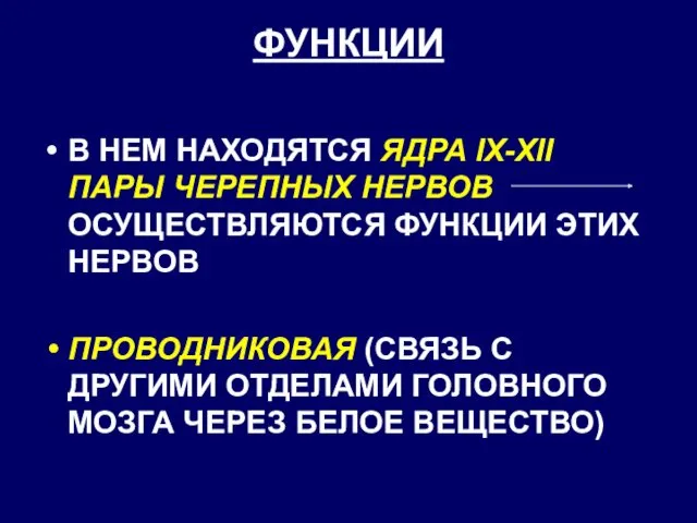 ФУНКЦИИ В НЕМ НАХОДЯТСЯ ЯДРА IX-XII ПАРЫ ЧЕРЕПНЫХ НЕРВОВ ОСУЩЕСТВЛЯЮТСЯ