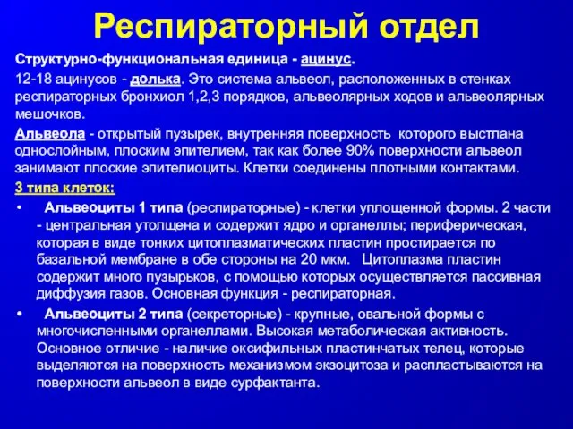 Респираторный отдел Структурно-функциональная единица - ацинус. 12-18 ацинусов - долька.