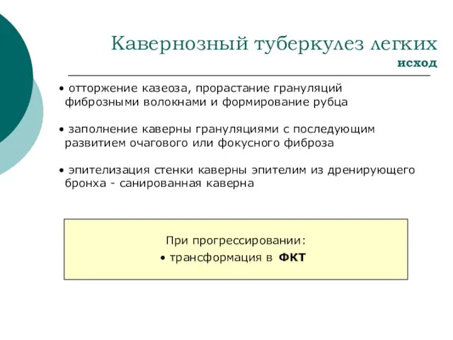 Кавернозный туберкулез легких исход отторжение казеоза, прорастание грануляций фиброзными волокнами