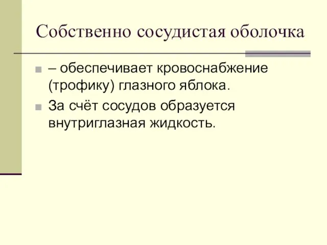 Собственно сосудистая оболочка – обеспечивает кровоснабжение (трофику) глазного яблока. За счёт сосудов образуется внутриглазная жидкость.