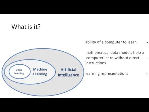 What is it? ability of a computer to learn - mathematical data models