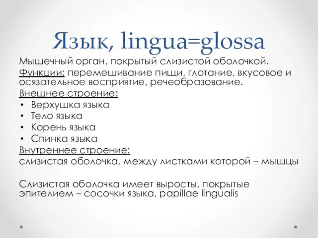 Язык, lingua=glossa Мышечный орган, покрытый слизистой оболочкой. Функции: перемешивание пищи,