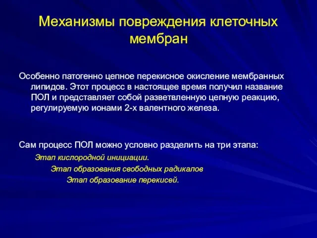 Механизмы повреждения клеточных мембран Особенно патогенно цепное перекисное окисление мембранных