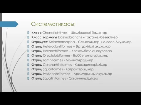 Систематикасы: Класс Chondrichthyes – Шеміршекті балықтар Класс тармағы Elasmobranchii –