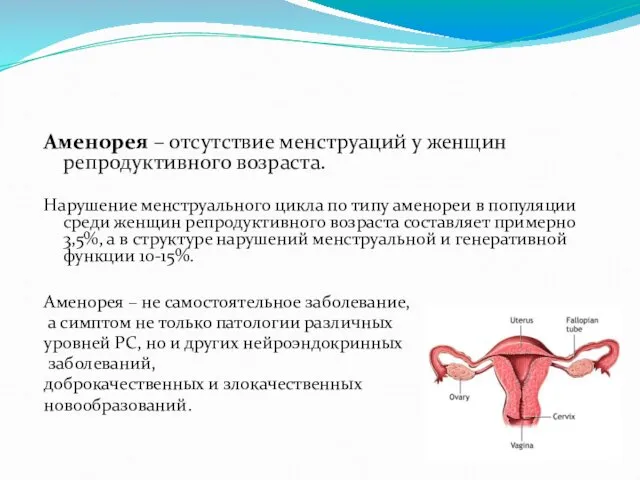 Аменорея – отсутствие менструаций у женщин репродуктивного возраста. Нарушение менструального