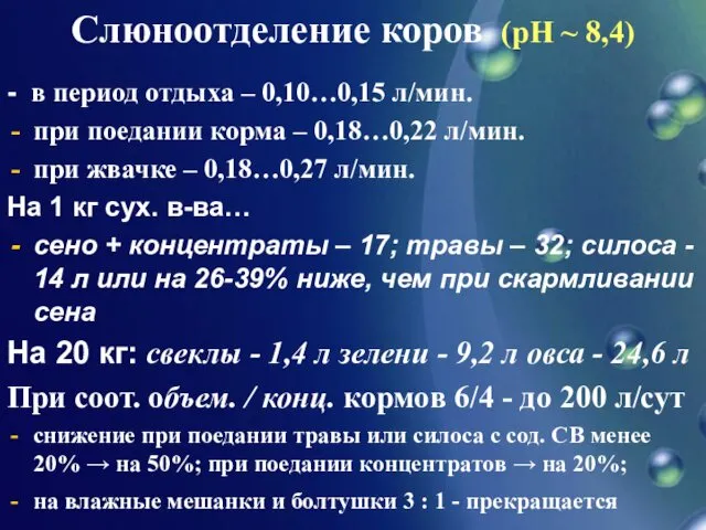 - в период отдыха – 0,10…0,15 л/мин. при поедании корма