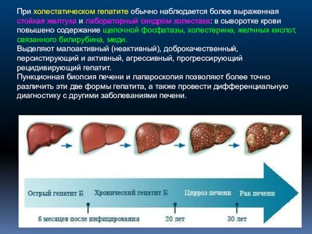 При холестатическом гепатите обычно наблюдается более выраженная стойкая желтуха и