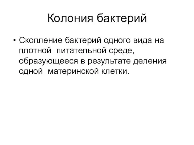 Колония бактерий Скопление бактерий одного вида на плотной питательной среде, образующееся в результате