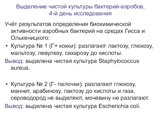 Выделение чистой культуры бактерий-аэробов, 4-й день исследования Учёт результатов определения