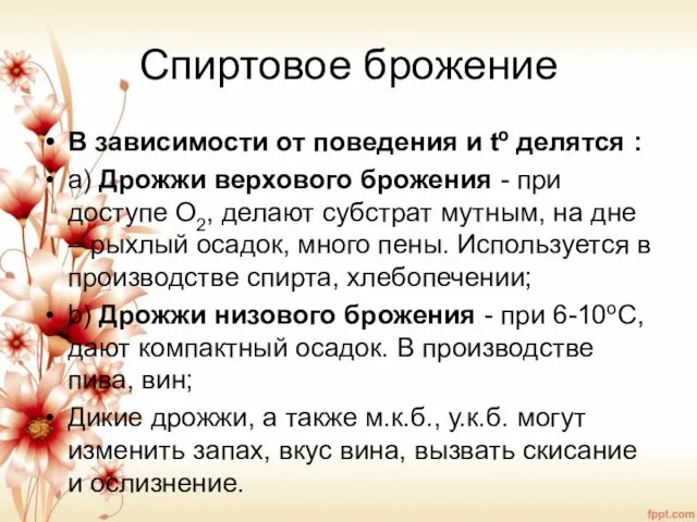 Спиртовое брожение В зависимости от поведения и tº делятся :