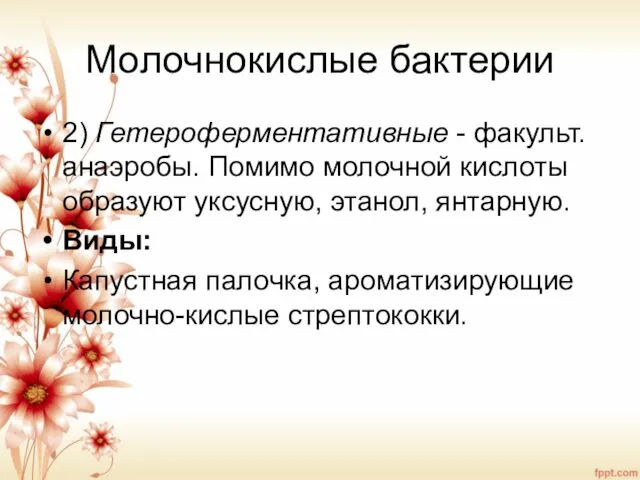 Молочнокислые бактерии 2) Гетероферментативные - факульт.анаэробы. Помимо молочной кислоты образуют