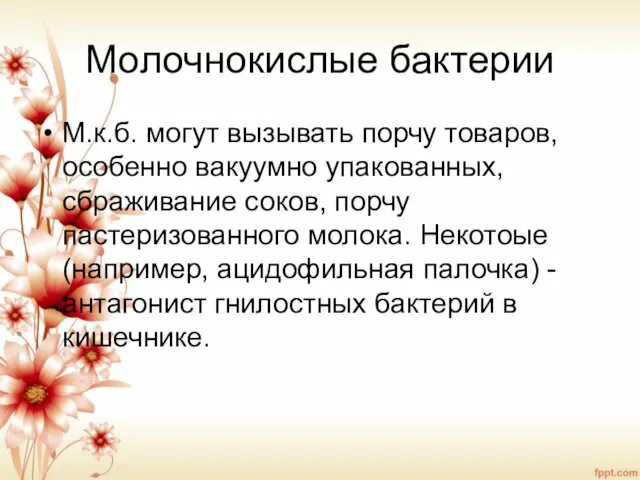 Молочнокислые бактерии М.к.б. могут вызывать порчу товаров, особенно вакуумно упакованных,