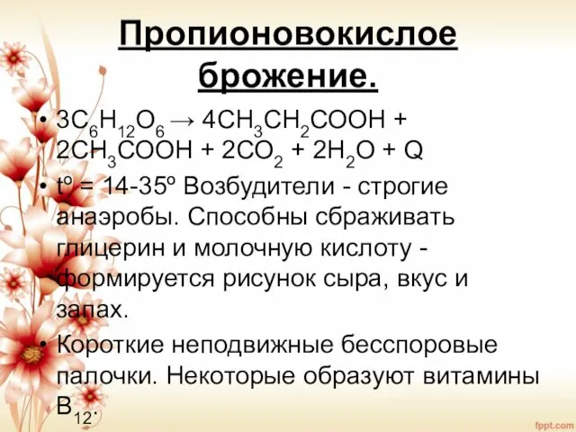 Пропионовокислое брожение. 3С6Н12О6 → 4СН3СН2СООН + 2СН3СООН + 2СО2 +