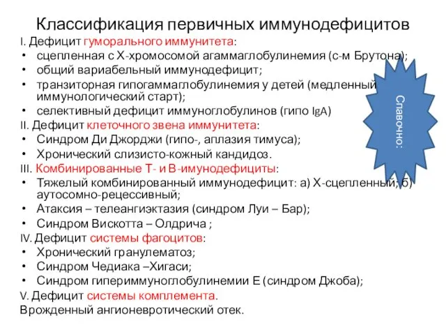 Спавочно: Классификация первичных иммунодефицитов I. Дефицит гуморального иммунитета: сцепленная с