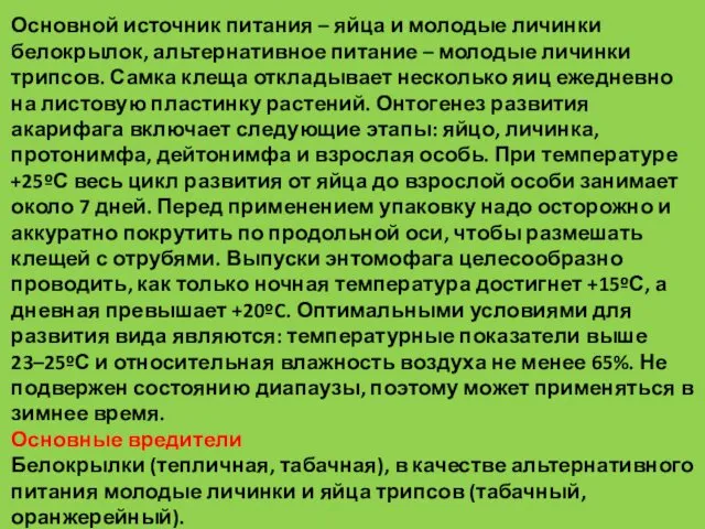 Основной источник питания – яйца и молодые личинки белокрылок, альтернативное