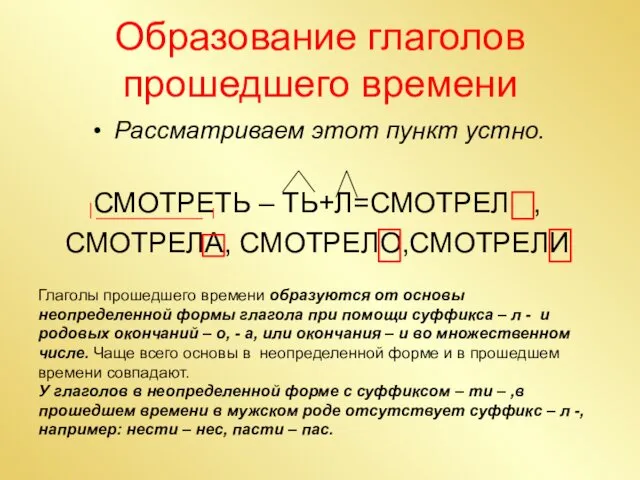 Образование глаголов прошедшего времени Рассматриваем этот пункт устно. СМОТРЕТЬ –