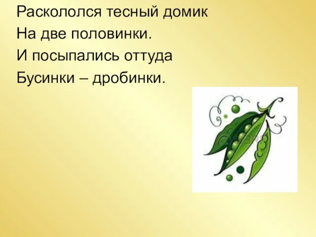 Раскололся тесный домик На две половинки. И посыпались оттуда Бусинки – дробинки.