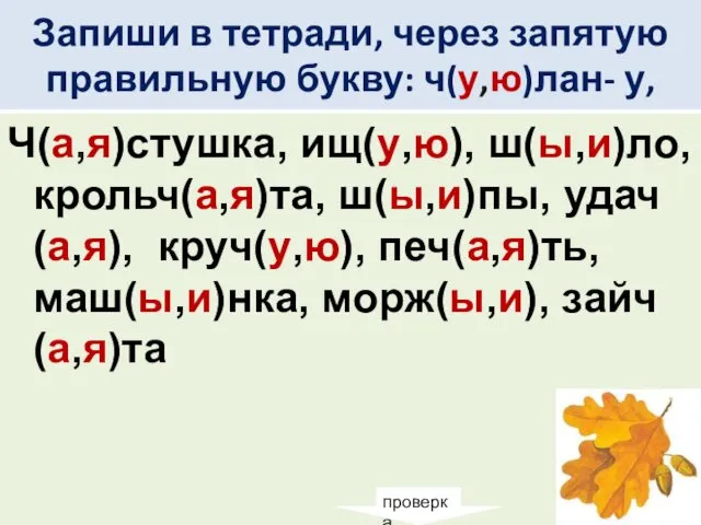 Запиши в тетради, через запятую правильную букву: ч(у,ю)лан- у, Ч(а,я)стушка,