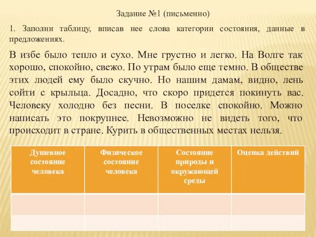 Задание №1 (письменно) 1. Заполни таблицу, вписав нее слова категории