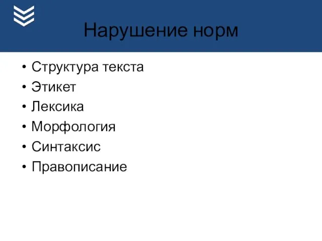 Нарушение норм Структура текста Этикет Лексика Морфология Синтаксис Правописание