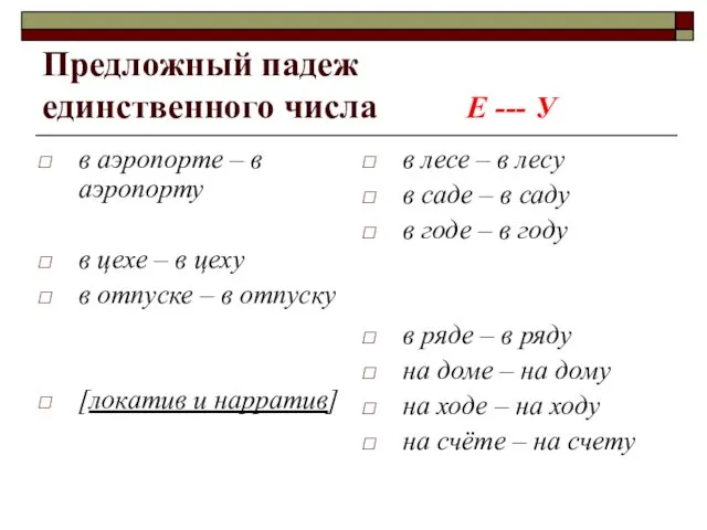 Предложный падеж единственного числа Е --- У в аэропорте –