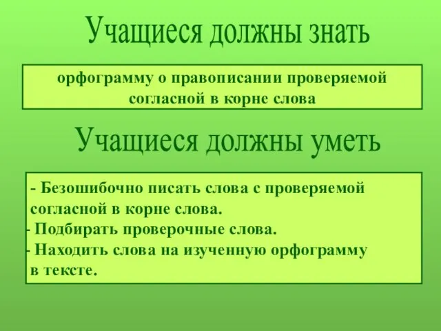 орфограмму о правописании проверяемой согласной в корне слова Учащиеся должны знать Учащиеся должны