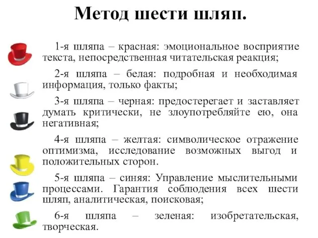 Метод шести шляп. 1-я шляпа – красная: эмоциональное восприятие текста, непосредственная читательская реакция;