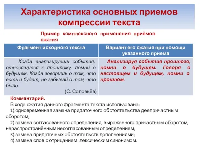 Характеристика основных приемов компрессии текста Комментарий. В ходе сжатия данного