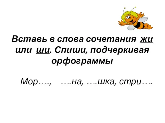 Вставь в слова сочетания жи или ши. Спиши, подчеркивая орфограммы Мор…., ….на, ….шка, стри….