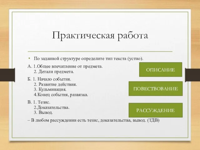 Практическая работа По заданной структуре определите тип текста (устно). А.