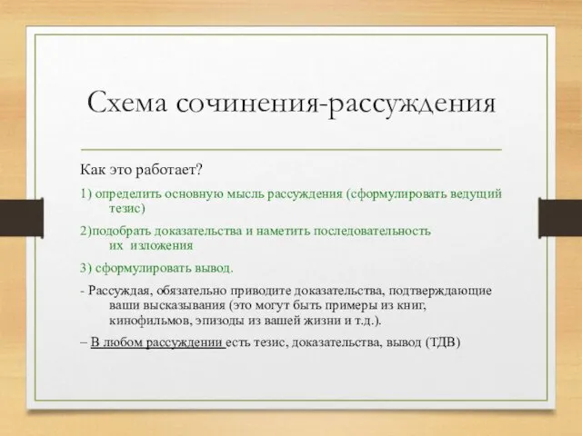 Схема сочинения-рассуждения Как это работает? 1) определить основную мысль рассуждения