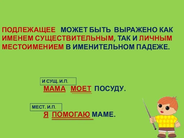 ПОДЛЕЖАЩЕЕ МОЖЕТ БЫТЬ ВЫРАЖЕНО КАК ИМЕНЕМ СУЩЕСТВИТЕЛЬНЫМ, ТАК И ЛИЧНЫМ