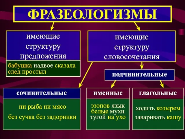 ФРАЗЕОЛОГИЗМЫ имеющие структуру предложения имеющие структуру словосочетания бабушка надвое сказала след простыл