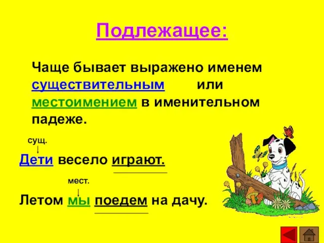 Подлежащее: Чаще бывает выражено именем существительным или местоимением в именительном