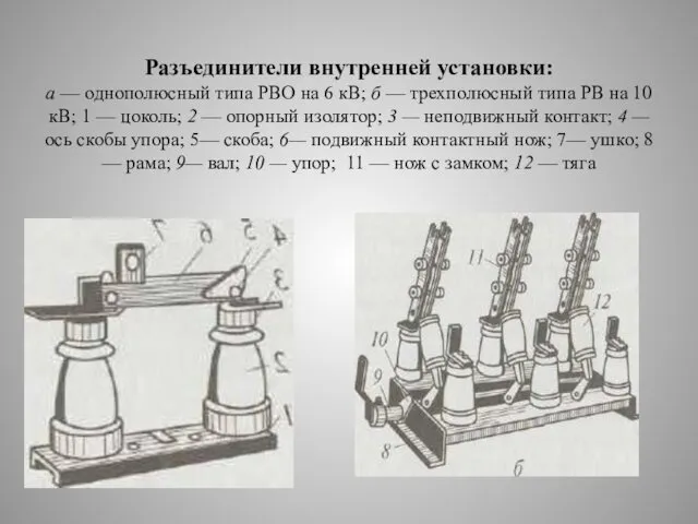 Разъединители внутренней установки: а — однополюсный типа РВО на 6