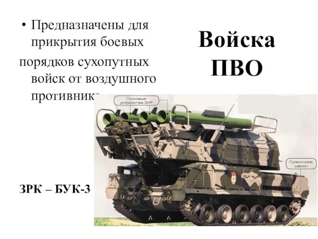 Войска ПВО Предназначены для прикрытия боевых порядков сухопутных войск от воздушного противника. ЗРК – БУК-3