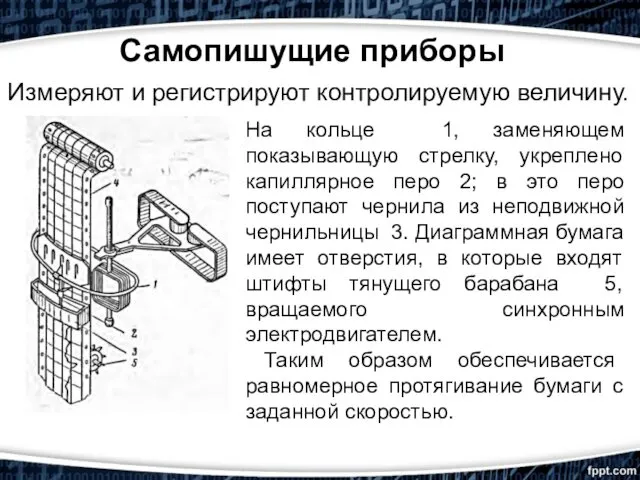 Самопишущие приборы Измеряют и регистрируют контролируемую величину. На кольце 1,