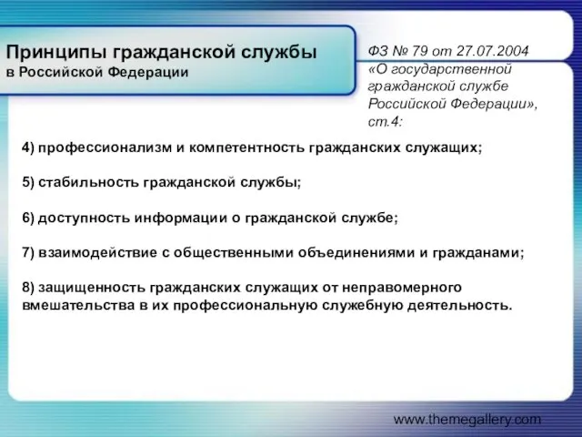 www.themegallery.com Принципы гражданской службы в Российской Федерации 4) профессионализм и